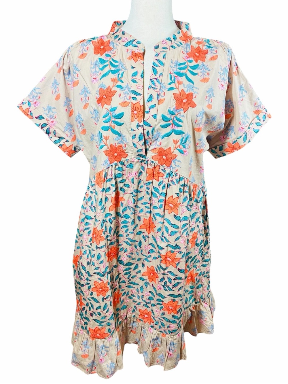 Mahila Coral and Teal Blue Floral Popover Embroidered Dress Women's Small